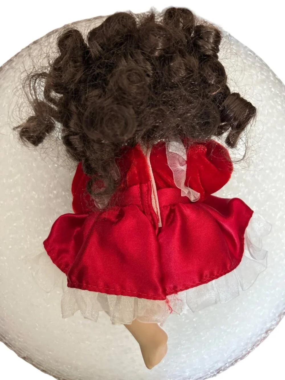 Brass Key Porcelain Doll In Red Dress With Curly Hair Pearl Accents Collectible